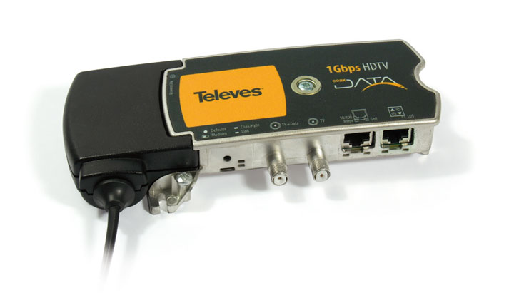 Coaxdata - Adattatore ibrido 1Gbps-HDTV coassiale + PLC (2 connettori ETH) Sistema a onde convogliate 500MBit/s su PLC e 700MBit/s su coax